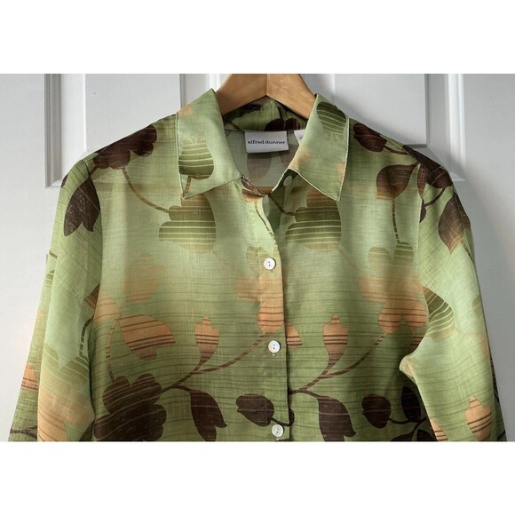 VINTAGE Alfred Dunner Tropical Floral Semi-Sheer Blouse Button Up Green Size 10 - Picture 2 of 5